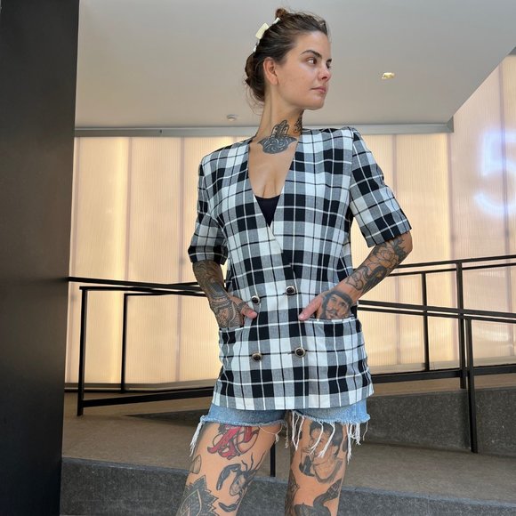 VINTAGE/Women's Long Boxy Short Sleeve Fitted Blazer Plaid Pattern sz 12 - Picture 4 of 16